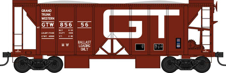 70-Ton 2-Bay Ballast Hopper with Side Chutes (Ballast Gates) - Ready to Run -- Grand Trunk Western #85677 (Boxcar Red, white)