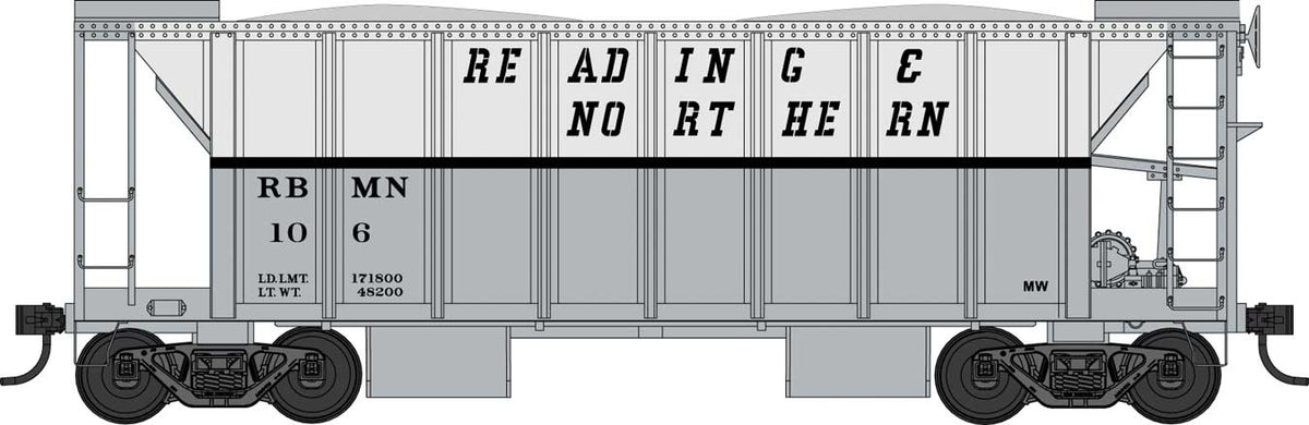 70-Ton 2-Bay Ballast Hopper with Side Chutes (Ballast Gates) - Ready to Run -- Reading and Northern #106 (gray, white)