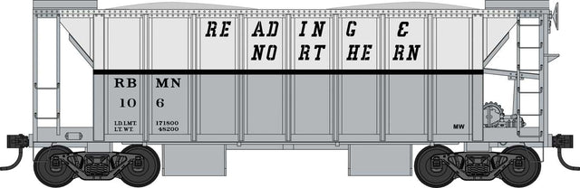 70-Ton 2-Bay Ballast Hopper with Side Chutes (Ballast Gates) - Ready to Run -- Reading and Northern #106 (gray, white)