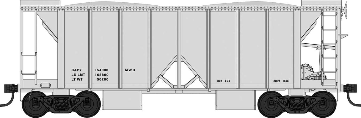 70-Ton 2-Bay Ballast Hopper with Side Chutes (Ballast Gates) - Ready to Run -- Dimensional Data Only (gray)