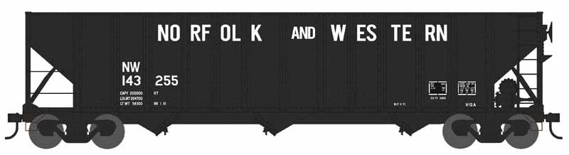 100-Ton 3-Bay Hopper - Ready to Run -- Norfolk & Western #143924 (Class H12A, black, Claytor Lettering)