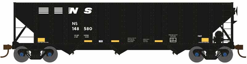 100-Ton 3-Bay Hopper - Ready to Run -- Norfolk Southern Railway #148674 (Class H69, black, yellow conspicuity marks