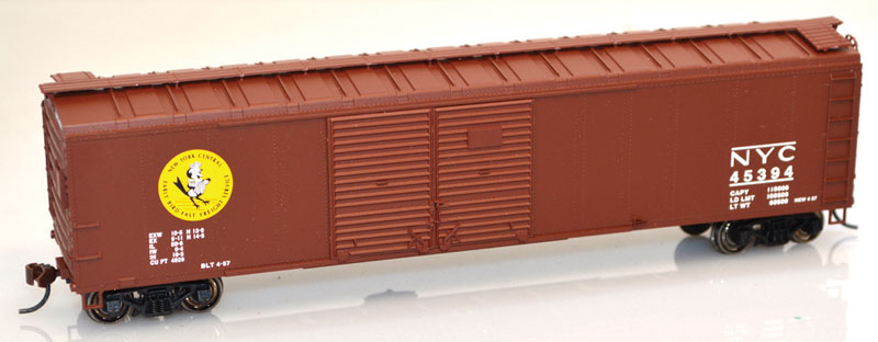 50' Double-Door Steel Boxcar - Kit -- New York Central #45385 (Boxcar Red, yellow, Early Bird Logo)