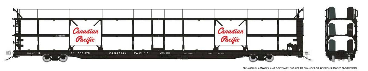 NSC 89' Tri-Level Auto Rack 6-Pack - Ready to Run -- Canadian Pacific (black, white, red, Script Lettering)-1