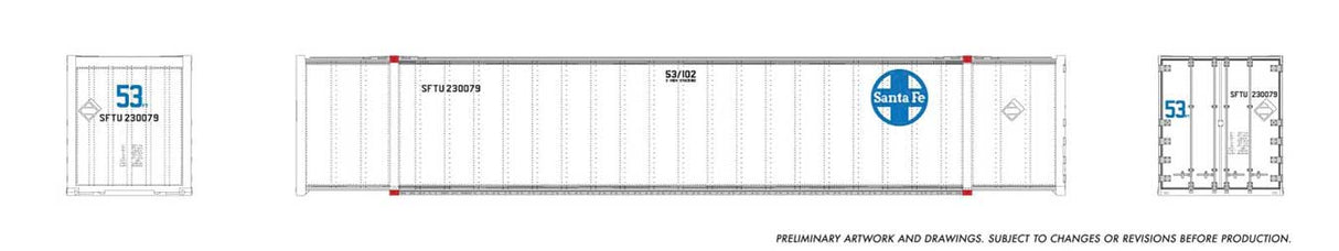 53' High-Cube Container 2-Pack - Ready to Run -- Santa Fe (white, blue)-1