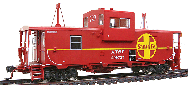 Transcona Yard Wide-Vision Caboose - Lighted & Assembled -- Atchison, Topeka & Santa Fe #999727 (red, white, yellow)