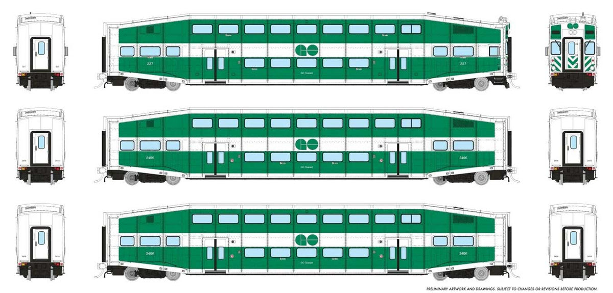 Bi-Level Commuter 2 Coach and Cab Car Set - Ready to Run -- GO Transit Cab Set #4 #227 Coach 2406, 2436 (Late Scheme, green white)