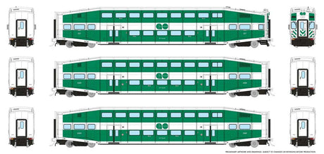 Bi-Level Commuter 2 Coach and Cab Car Set - Ready to Run -- GO Transit Cab Set #4 #227 Coach 2406, 2436 (Late Scheme, green white)