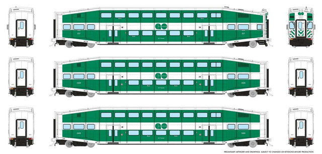 Bi-Level Commuter 2 Coach and Cab Car Set - Ready to Run -- GO Transit Cab Set #4 #227 Coach 2406, 2436 (Late Scheme, green white)