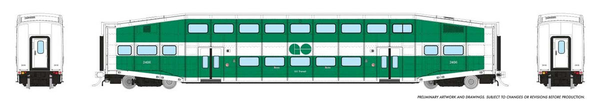 Bi-Level Commuter Coach - Ready to Run -- GO Transit Cab Set #2410(Late Scheme, green white)