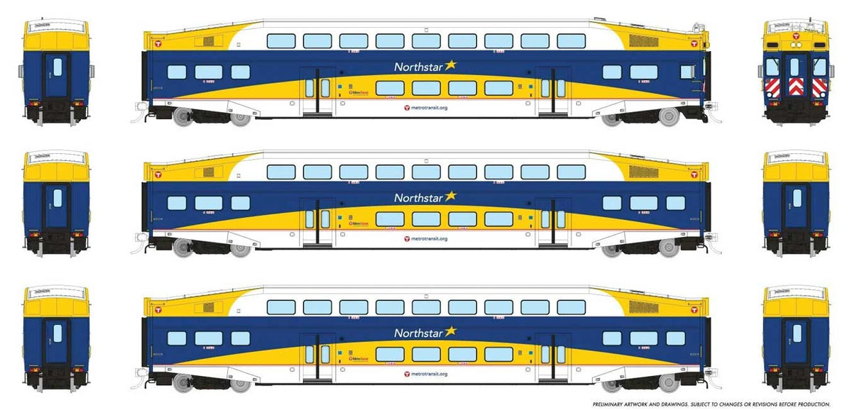 Bi-Level Commuter 2 Coach and Cab Car Set - Ready to Run -- Northstar Set #2 Cab #602 Coach 705, 712 (blue, white, yellow)