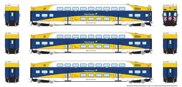 Bi-Level Commuter 2 Coach and Cab Car Set - Ready to Run -- Northstar Set #2 Cab #602 Coach 705, 712 (blue, white, yellow)