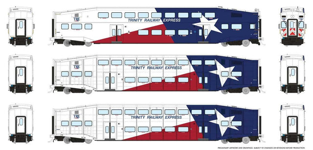 Bi-Level Commuter 2 Coach and Cab Car Set - Ready to Run -- Trinity Rail Express TRE Set #3 Cab #1004 Coach #1050, 1056 (white, blue, re