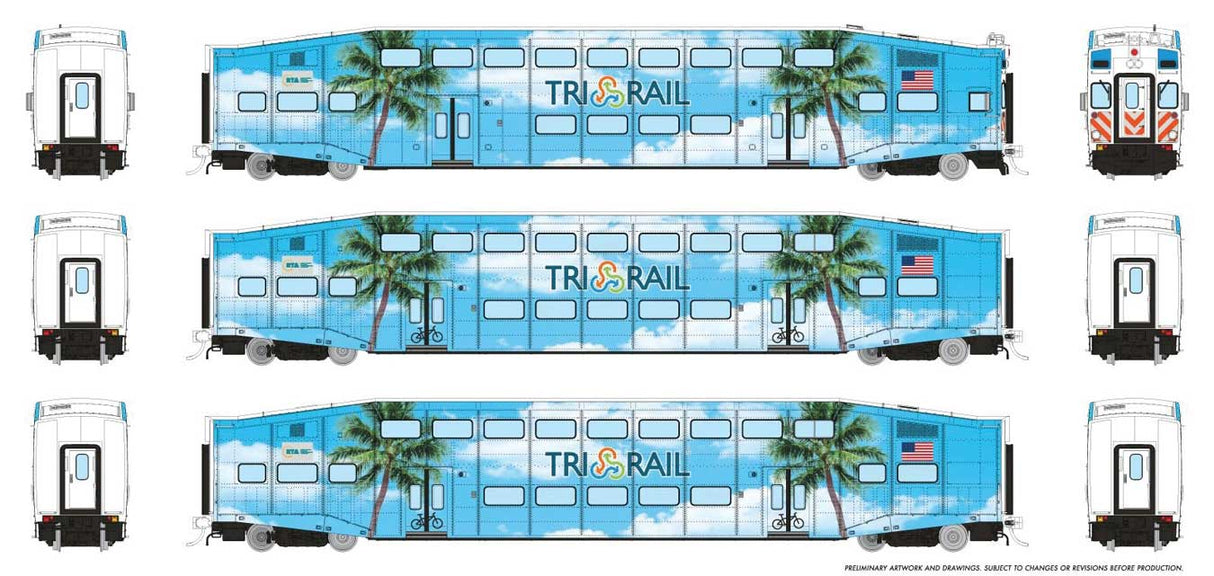 Bi-Level Commuter 2 Coach and Cab Car Set - Ready to Run -- TriRail Set #1 Cab #511 Coach 1005, 1010 (Palm Tree Scheme, blue, green)