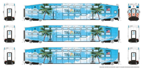 Bi-Level Commuter 2 Coach and Cab Car Set - Ready to Run -- TriRail Set #1 Cab #511 Coach 1005, 1010 (Palm Tree Scheme, blue, green)