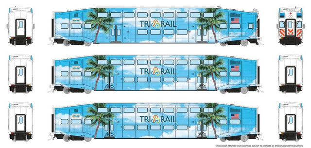 Bi-Level Commuter 2 Coach and Cab Car Set - Ready to Run -- TriRail Set #1 Cab #511 Coach 1005, 1010 (Palm Tree Scheme, blue, green)