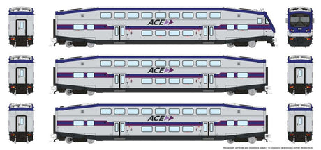 CEM Bi-Level Commuter 2 Coach and Cab Car Set - Ready to Run -- Altamont Commuter Express ACE Cab #3310 Coach 3225, 3232 (2020s, silver, blu