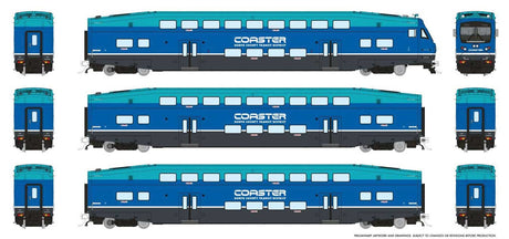 CEM Bi-Level Commuter 2 Coach and Cab Car Set - Ready to Run -- Coaster Set #1 Cab #421 Coach 42103, 42108 (2020s, blue, teal, black)
