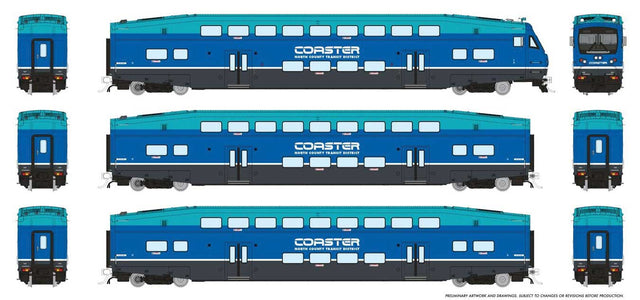 CEM Bi-Level Commuter 2 Coach and Cab Car Set - Ready to Run -- Coaster Set #2 Cab #423 Coach 42104, 42107 (2020s, blue, teal, black)