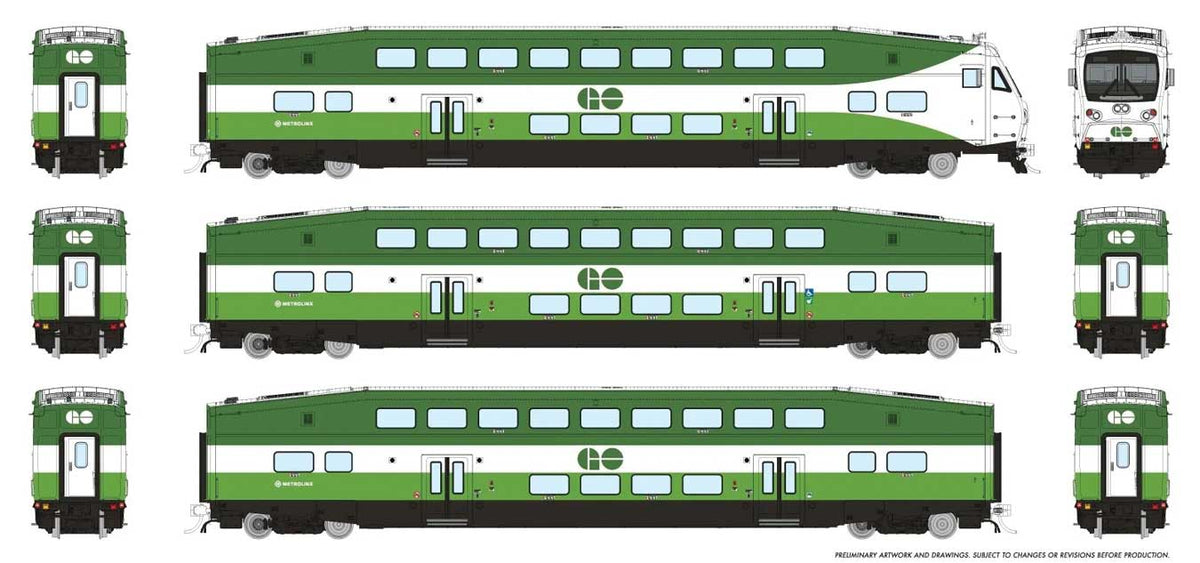 CEM Bi-Level Commuter 2 Coach and Cab Car Set - Ready to Run -- GO Transit Set #1 Cab #302 Coach 4505, 4004 (Metrolinx Scheme, green, white)