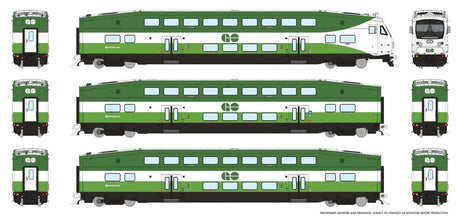 CEM Bi-Level Commuter 2 Coach and Cab Car Set - Ready to Run -- GO Transit Set #1 Cab #302 Coach 4505, 4004 (Metrolinx Scheme, green, white)