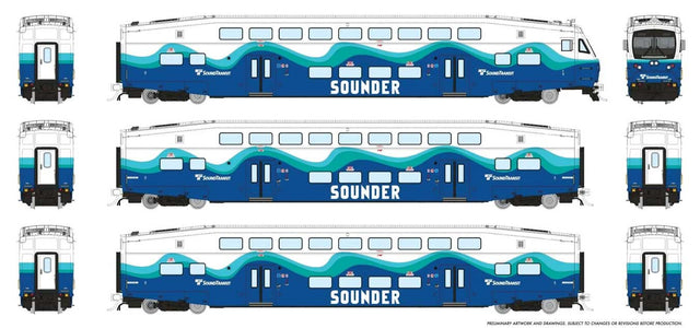 CEM Bi-Level Commuter 2 Coach and Cab Car Set - Ready to Run -- Coaster Set #1 Cab #321 Coach 422, 425 (white, blue, teal)