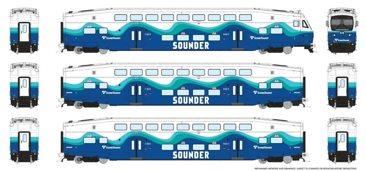 CEM Bi-Level Commuter 2 Coach and Cab Car Set - Ready to Run -- Coaster Set #2 Cab #330 Coach 424, 427 (white, blue, teal)
