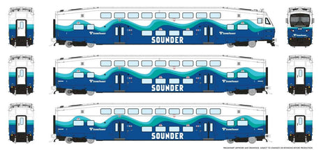 CEM Bi-Level Commuter 2 Coach and Cab Car Set - Ready to Run -- Coaster Set #2 Cab #330 Coach 424, 427 (white, blue, teal)