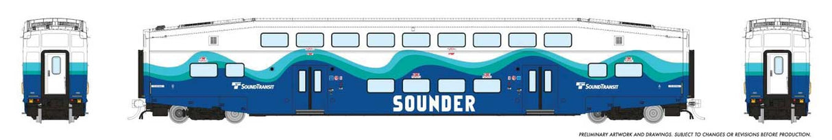 CEM Bi-Level Commuter Coach - Ready to Run -- Coaster Set #426 (white, blue, teal)