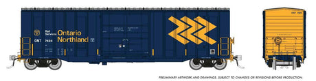 Trenton Works 5277 Cubic Foot Boxcar - Ready to Run -- Ontario Northland Random from Set #1 (blue, yellow, Chevron Logo)-1