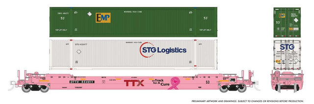 53' Husky-Stack Well Car w/2 Containers - Ready to Run -- TTX  #475412 (On Track for a Cure, pink)-1