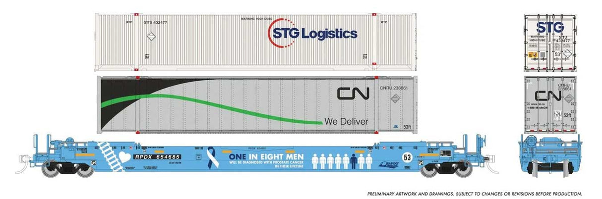 53' Husky-Stack Well Car w/2 Containers - Ready to Run -- RPDX  #654685 (Prostate Cancer Awareness, blue)-1