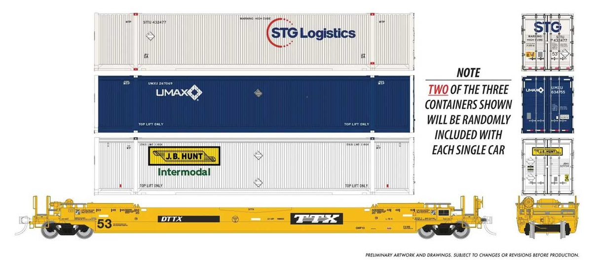 53' Husky-Stack Well Car w/2 Containers - Ready to Run -- TTX (As-Delivered, yellow, black)-1