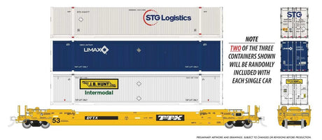 53' Husky-Stack Well Car w/2 Containers - Ready to Run -- TTX (As-Delivered, yellow, black)-1