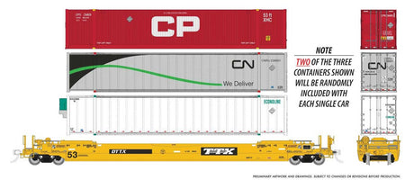 53' Husky-Stack Well Car w/2 Containers - Ready to Run -- TTX (As-Delivered, yellow, black)-1