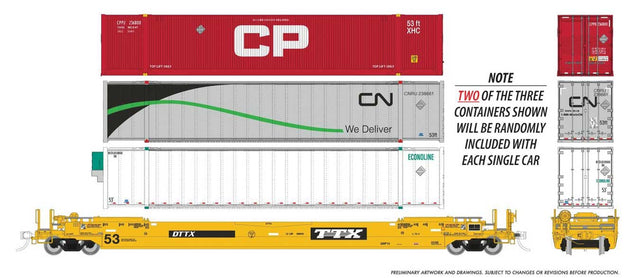 53' Husky-Stack Well Car w/2 Containers 3-Pack - Ready to Run -- TTX  #645871, 646048, 646312 (As-Delivered, yellow, black)-1