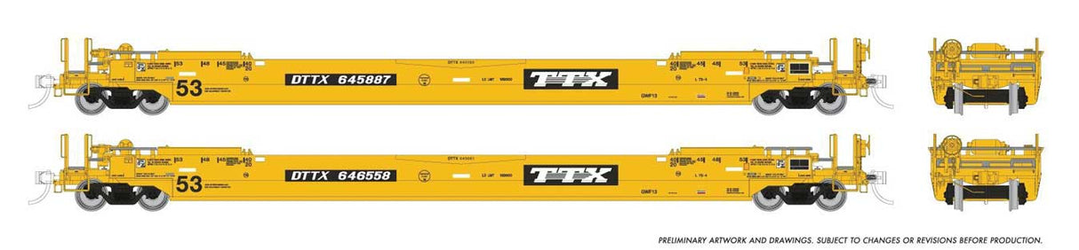 53' Husky-Stack Well Car Only 2-Pack - Ready to Run -- TTX  (As-Delivered, yellow, black)-1