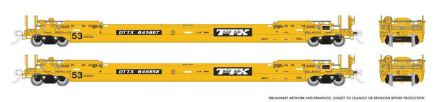 53' Husky-Stack Well Car Only 2-Pack - Ready to Run -- TTX  (As-Delivered, yellow, black)-1