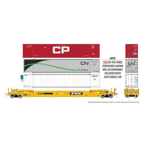 53' Husky-Stack Well Car Only 6-Pack - Ready to Run -- TTX  (As-Delivered, yellow, black)-2