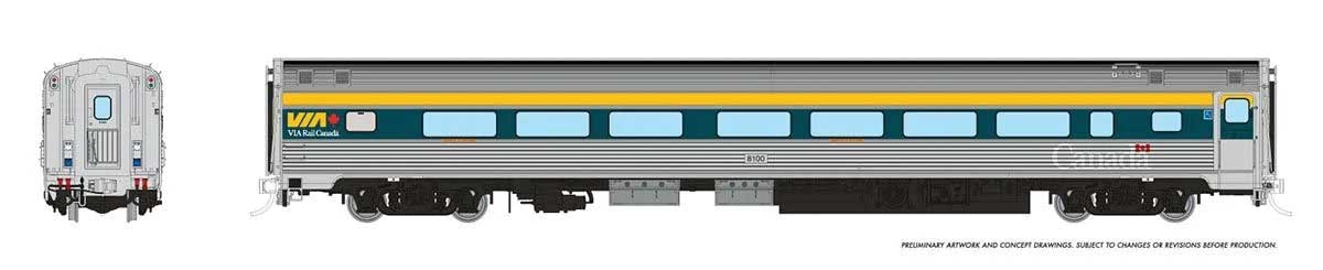 Budd Coach with HEP - Ready to Run -- VIA Rail Canada #8110 (2022 Scheme, stainless, teal, yellow, Large Canada)