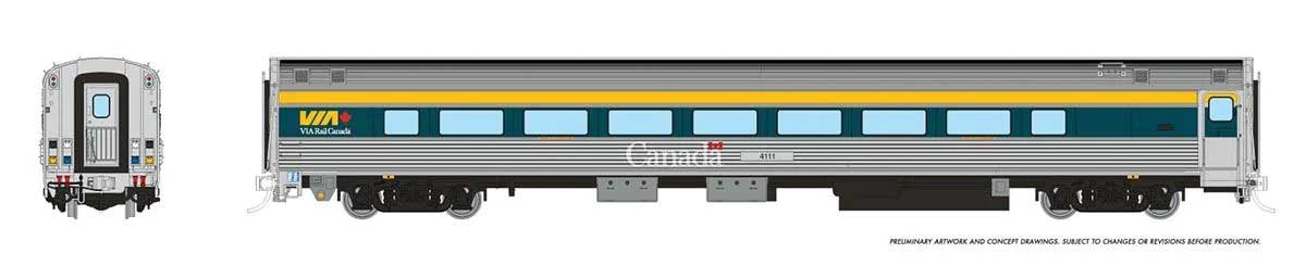 Budd Coach with HEP2 - Ready to Run -- VIA Rail Canada #4114 (2022 Scheme, stainless, teal, yellow, Large Canada)