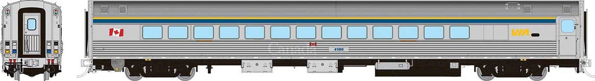 Budd Small-Window Coach - Ready to Run -- VIA Rail Canada #4107 (HEP 2 Scheme, stainless, blue, yellow, Canada Letteri