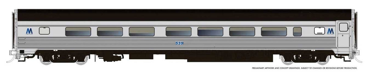Budd Coach - Ready to Run -- Long Island #529 (MTA Scheme, stainless, black, blue M logo)