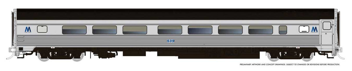 Budd Coach - Ready to Run -- Long Island #530 (MTA Scheme, stainless, black, blue M logo)
