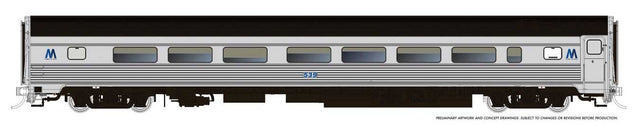 Budd Coach - Ready to Run -- Long Island #530 (MTA Scheme, stainless, black, blue M logo)
