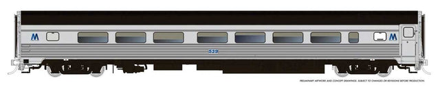 Budd Coach - Ready to Run -- Long Island #532 (MTA Scheme, stainless, black, blue M logo)