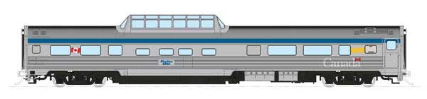 Budd Skyline Mid-Train Dome - Ready to Run -- VIA Rail Canada 8511 (HEP Era, stainless steel, blue, yellow, Large Canada)
