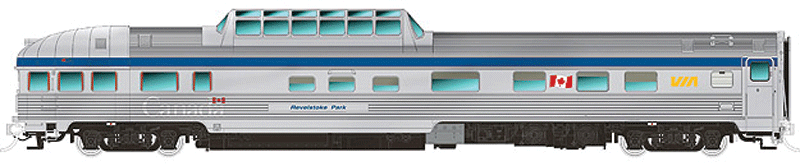 Budd Park Series Dome-Lounge-Sleeper w/Fluted Sides -- Via Rail Canada "Tweedsmuir Park" (2000s; silver, blue, yellow; Large Cana