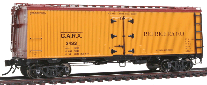 General American 37' Wood Meat Reefer - Ready to Run -- General American GARX (1939 Scheme; yellow, Boxcar Red, No Logo)