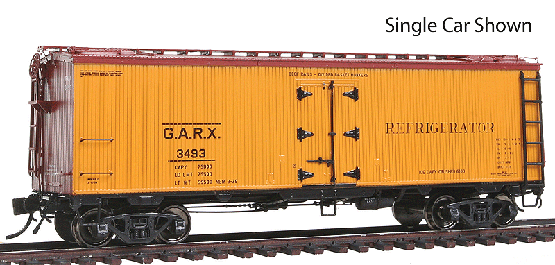 General American 37' Wood Meat Reefer 4-Pack - Ready to Run -- General American GARX #3491, 3493, 3494, 3498 (1939 Scheme, yellow, No Logo)